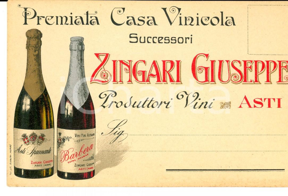 Cartolina originale da collezione 1910 ca ASTI Premiata Casa Vinicola successori Giuseppe ZINGARI Cartolina 1