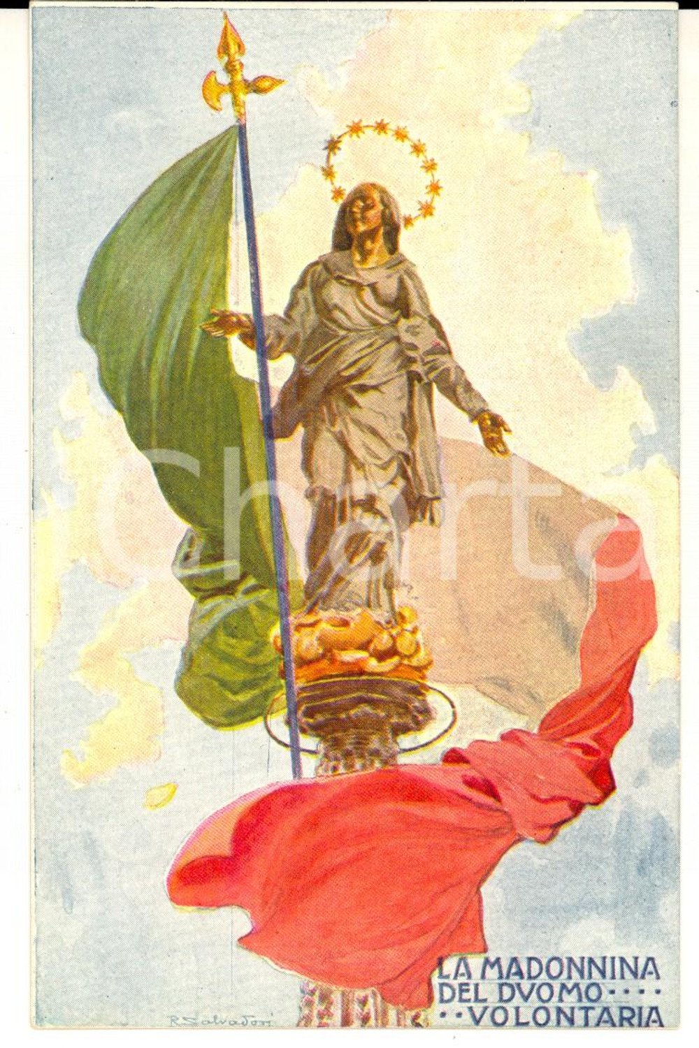 Cartolina originale da collezione 1916 MILANO La Madonnina del Duomo volontaria CROCE ROSSA Ill. SALVADORI FP VG 1