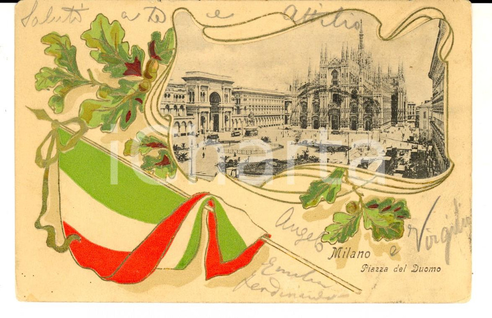 Cartolina originale da collezione 1900 ca MILANO Piazza del Duomo Cartolina a rilievo con tricolore FP VG 1