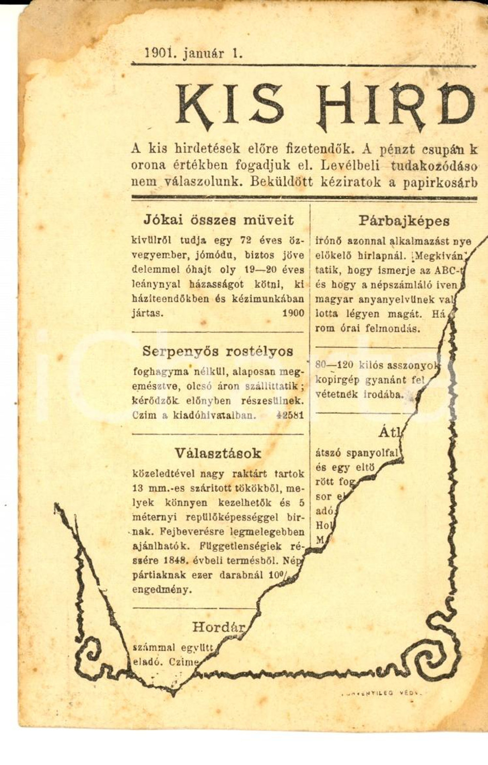 1901 UNGHERIA - Kis Hird *Cartolina postale DANNEGGIATA RARA FP VG