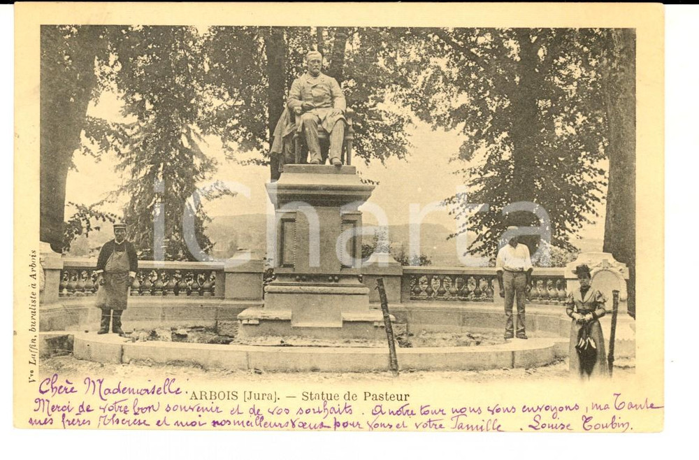 Cartolina originale da collezione 1902 ARBOIS JURA Statue de PASTEUR Carte postale VINTAGE ANIMEE 1