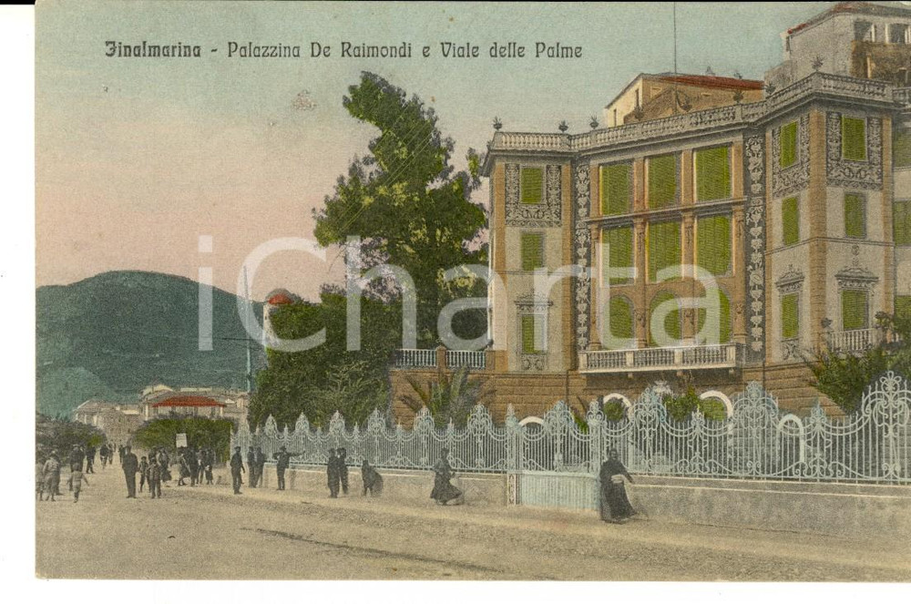 Cartolina originale da collezione 1915 ca FINALMARINA Palazzina DE RAIMONDI e Viale delle PALME Cartolina ANIMATA 1
