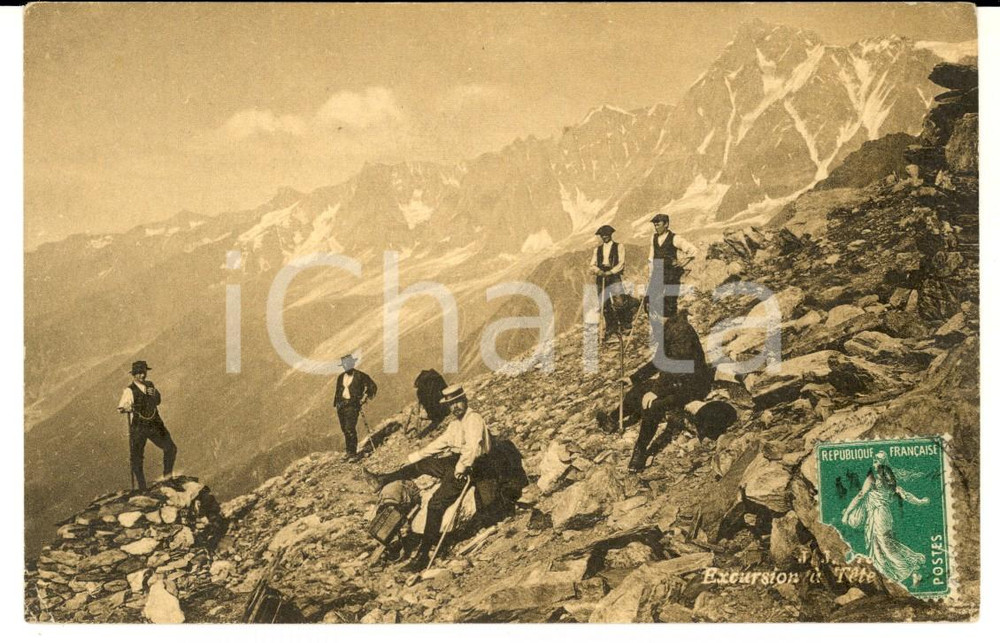 Cartolina originale da collezione 1910 ca FRANCIA TETE ROUSSE Gruppo di escursionisti Cartolina ANIMATA FP 1
