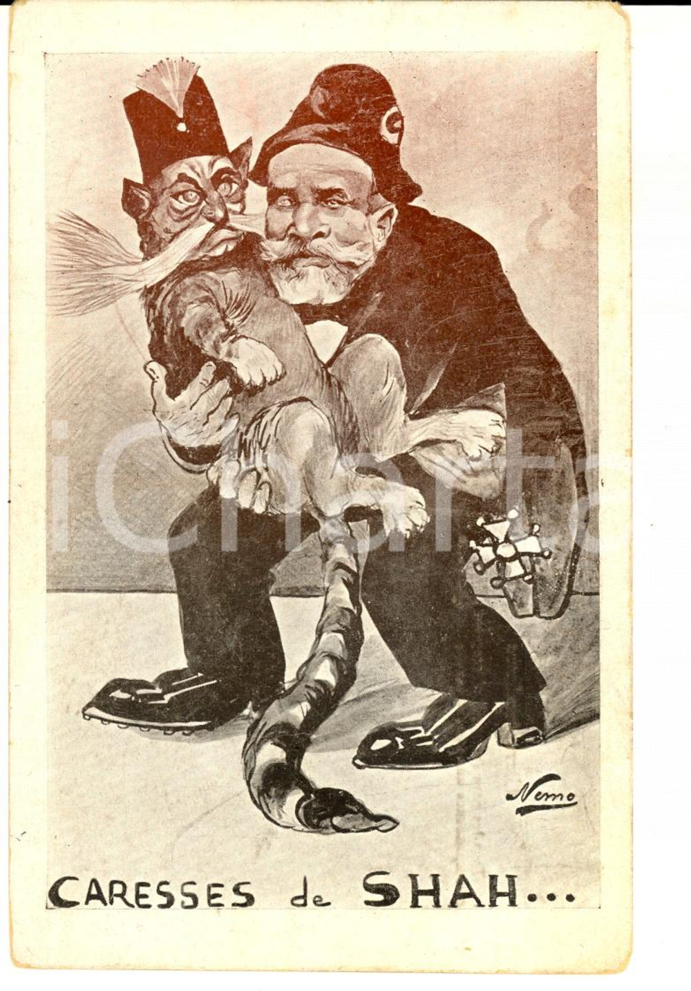 Cartolina originale da collezione 1915 ca SATIRA POLITICA Le carezze dello Shah Cartolina ill. NEMO FP NV 1