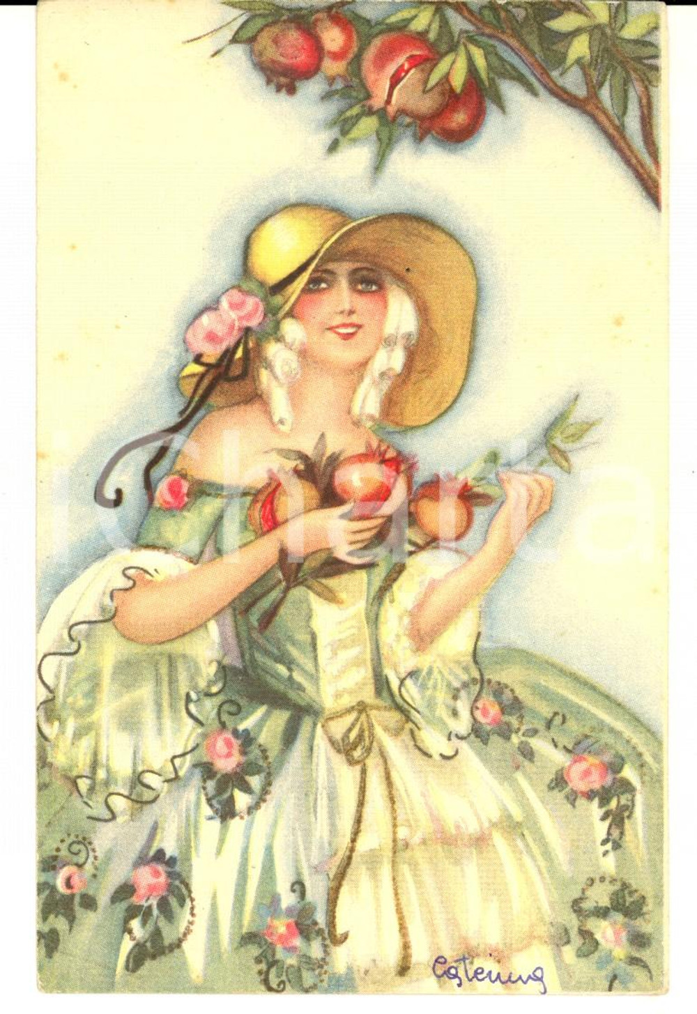 Cartolina originale da collezione 1920 ca PRIMAVERA Fanciulla coglie melograni Cartolina ILLUSTRATA FP NV 1