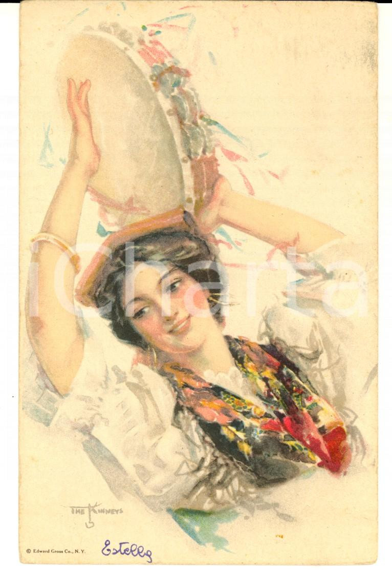 Cartolina originale da collezione 1920 ca COSTUMI Fanciulla con il tamburello CartolinaVINTAGE KINNEY nÂ° 7 1