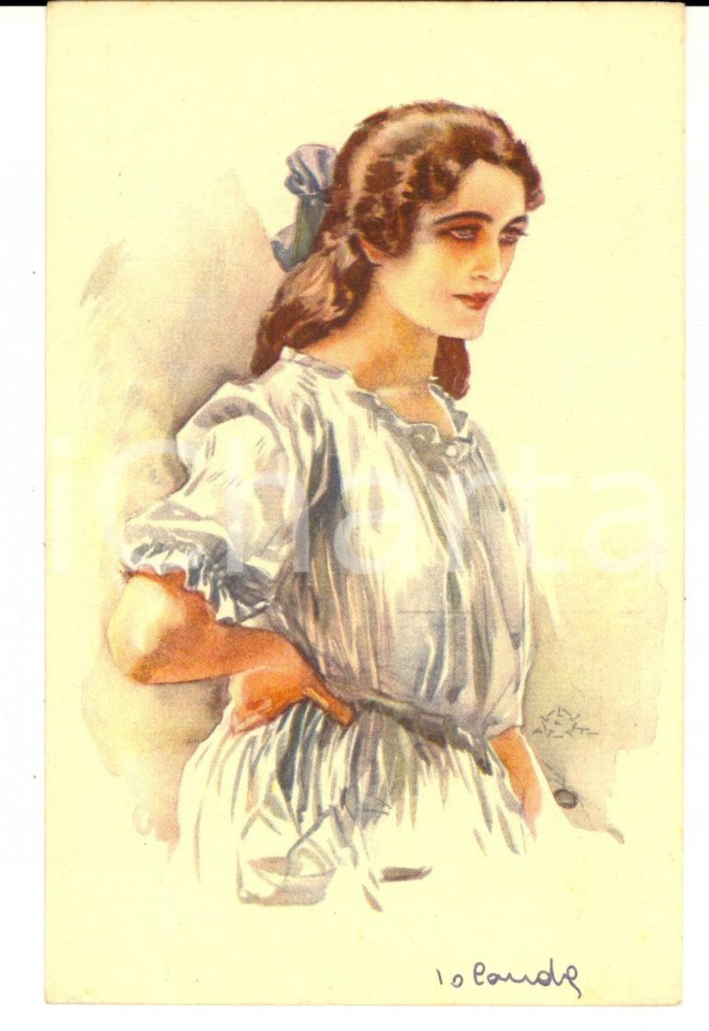 Cartolina originale da collezione 1917 Romantica fanciulla in abito bianco Cartolina ILLUSTRATA VINTAGE FP NV 1