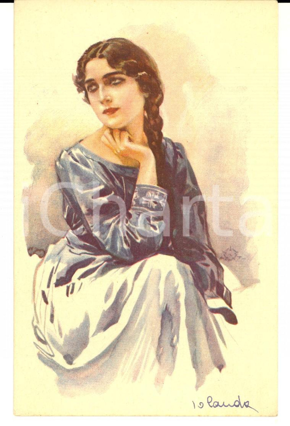 Cartolina originale da collezione 1917 Fanciulla pensierosa in abito blu Cartolina ILLUSTRATA VINTAGE FP NV 1