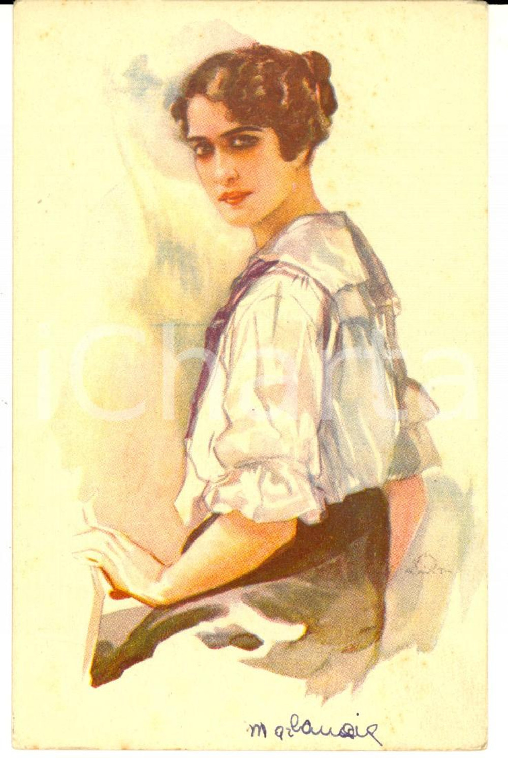 Cartolina originale da collezione 1917 Giovane donna in abito chiaro Cartolina ILLUSTRATA VINTAGE FP NV 1