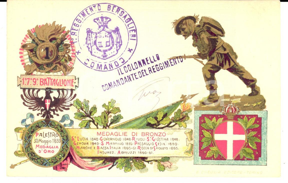 Cartolina originale da collezione 1900 ca 1Â° REGGIMENTO BERSAGLIERI Cartolina ILLUSTRATA firma comandante 1