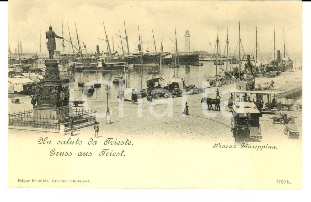 Cartolina originale da collezione 1900 ca TRIESTE Piazza GIUSEPPINA Cartolina ANIMATA barche omnibus FP NV 1