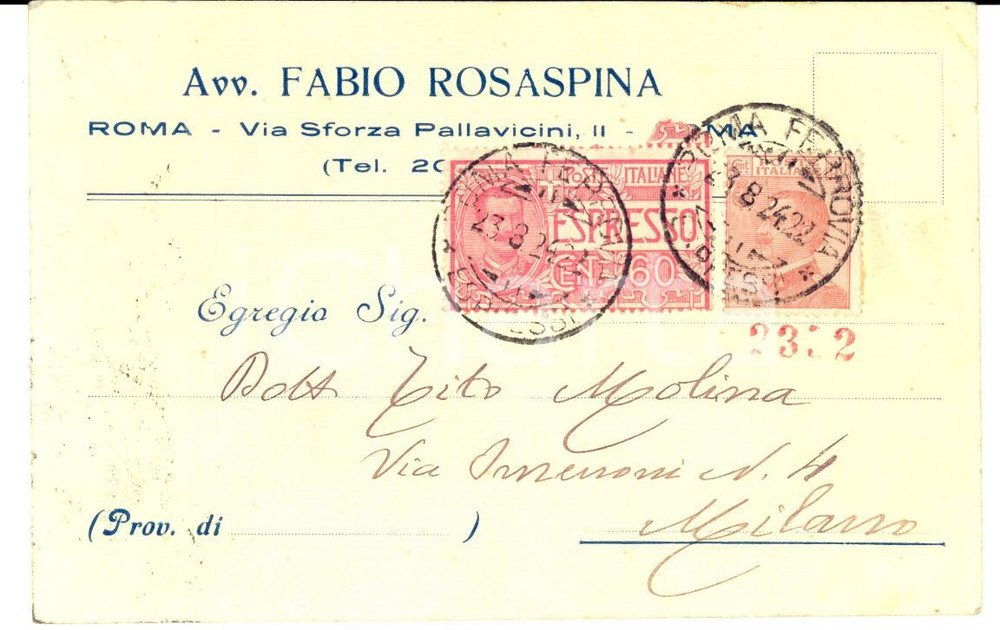 Cartolina originale da collezione 1924 ROMA Avv. Fabio ROSASPINA Cartolina intestata cent. 60 espresso + cent. 30 1
