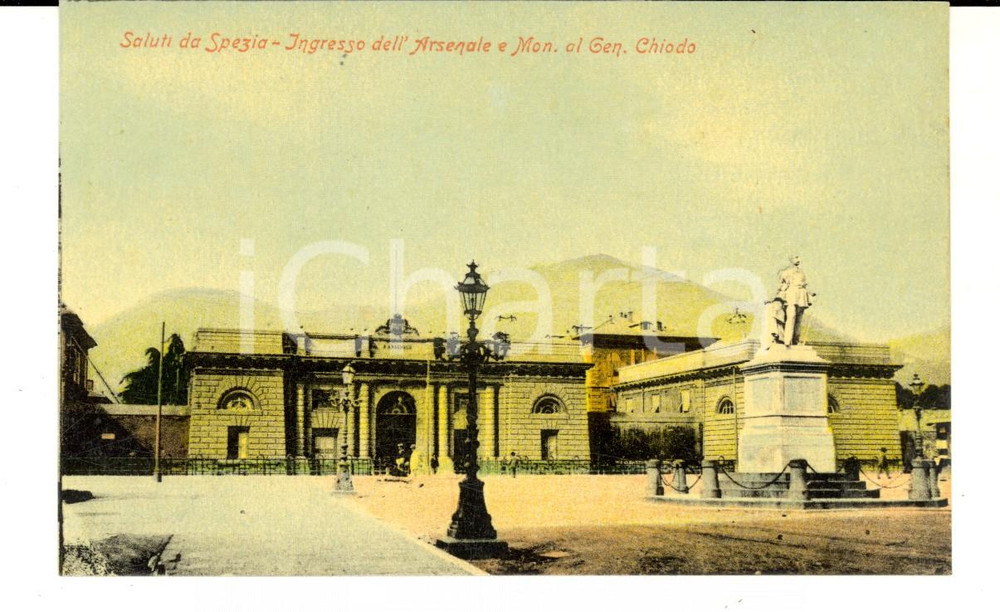 Cartolina originale da collezione 1910 ca LA SPEZIA Ingresso Arsenale e monumento gen. CHIODO Cartolina FP NV 1