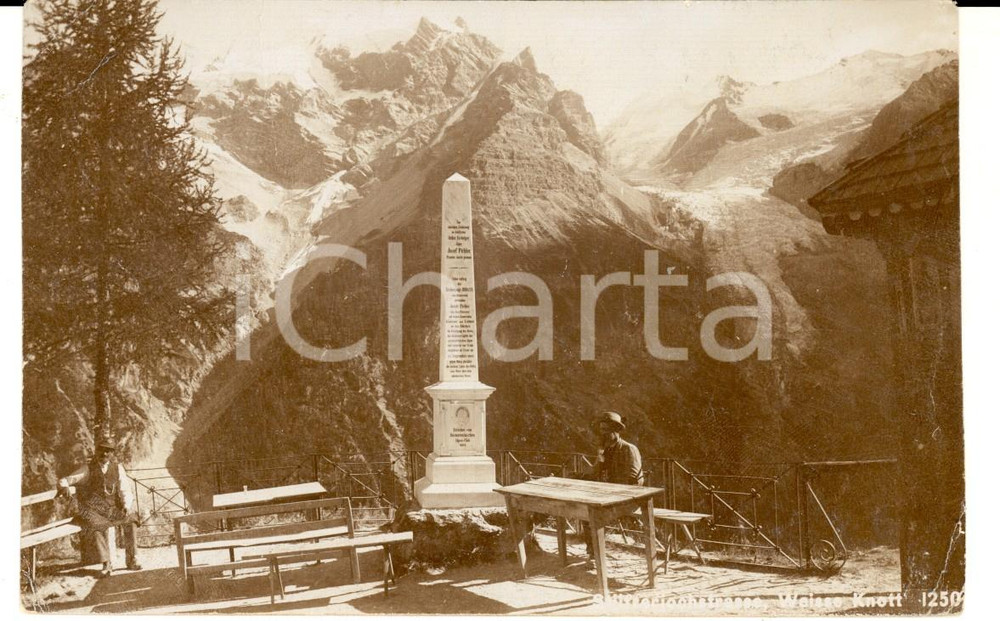 Cartolina originale da collezione 1907 TYROL WEISSE KNOTT A monument in Stilfserjoch Strasse VINTAGE postcard 1