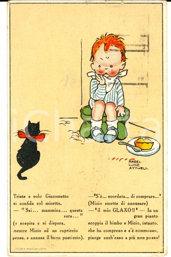 Cartolina originale da collezione 1927 Giacometto triste con il micetto Cartolina ill. ATWELL pubblicitaria GLAXO 1