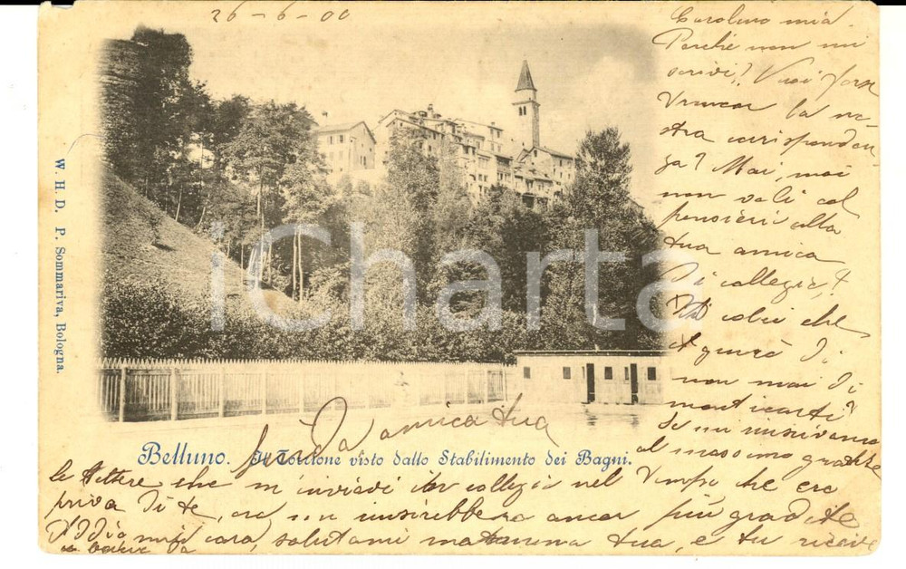 Cartolina originale da collezione 1900 BELLUNO Torrione visto dallo stabilimento dei Bagni Cartolina FP VG 1