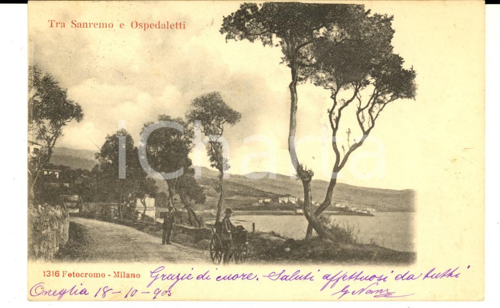 Cartolina originale da collezione 1903 SANREMO IM Veduta verso OSPEDALETTI Cartolina ANIMATA FP VG 1