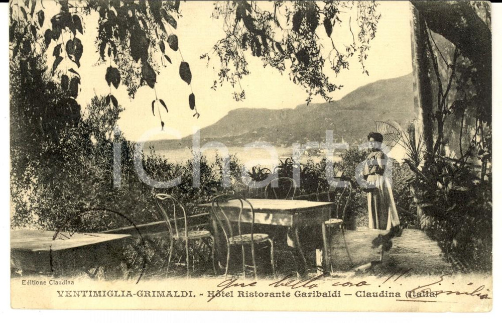 Cartolina originale da collezione 1910 ca VENTIMIGLIA GRIMALDI Hotel ristorante GARIBALDI  CLAUDINA Cartolina 1