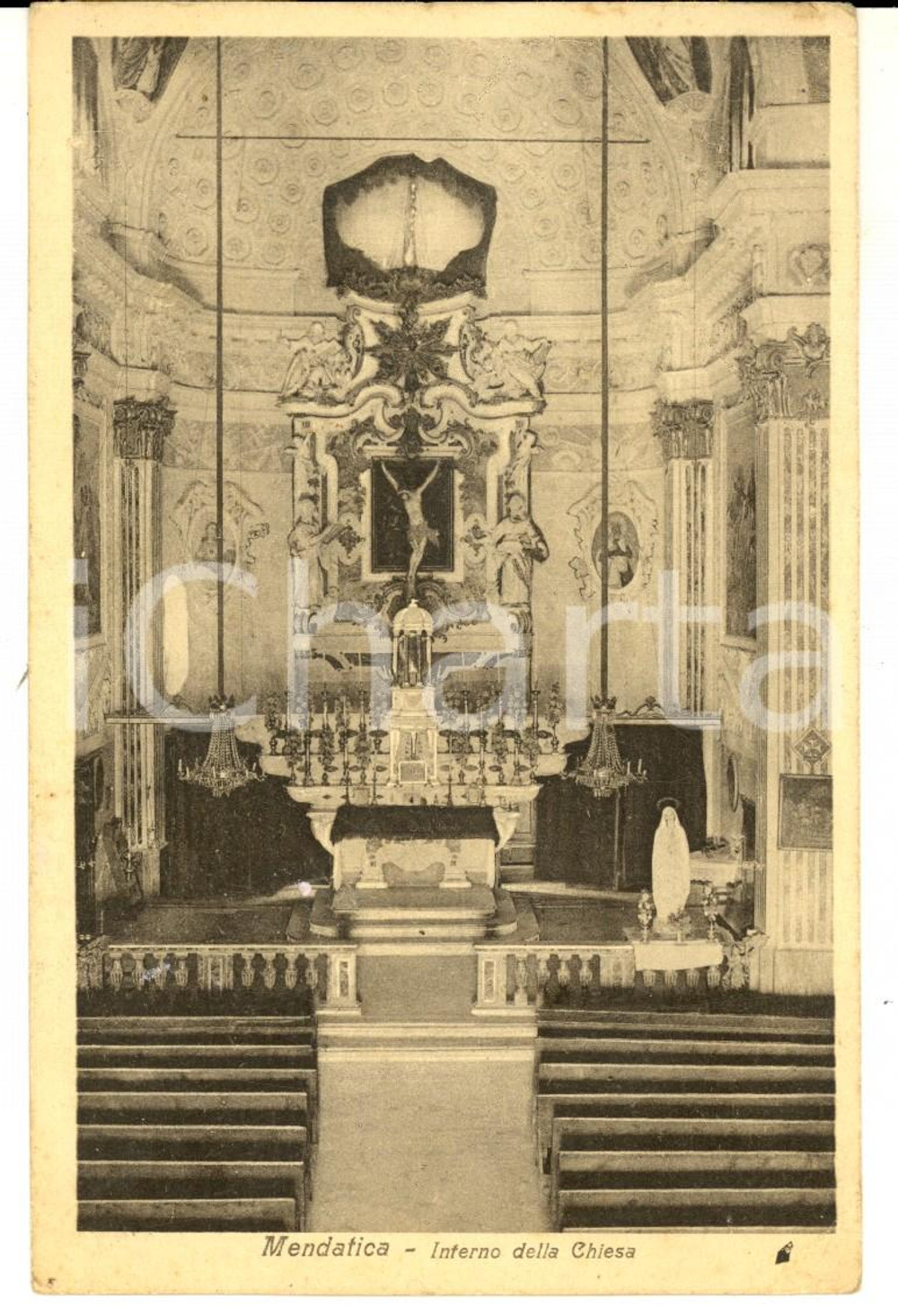 Cartolina originale da collezione 1927 MENDATICA IM Interno della chiesa Cartolina postale VINTAGE FP VG 1