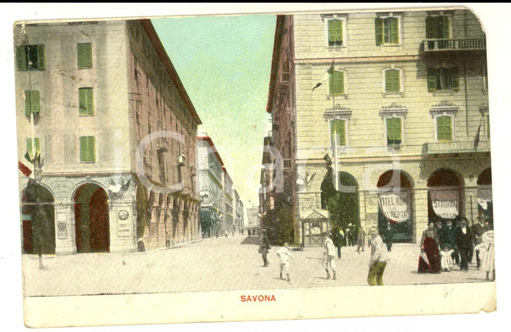 Cartolina originale da collezione 1907 SAVONA Piazza MAMELI con l Hotel ROMA Cartolina ANIMATA VG 1