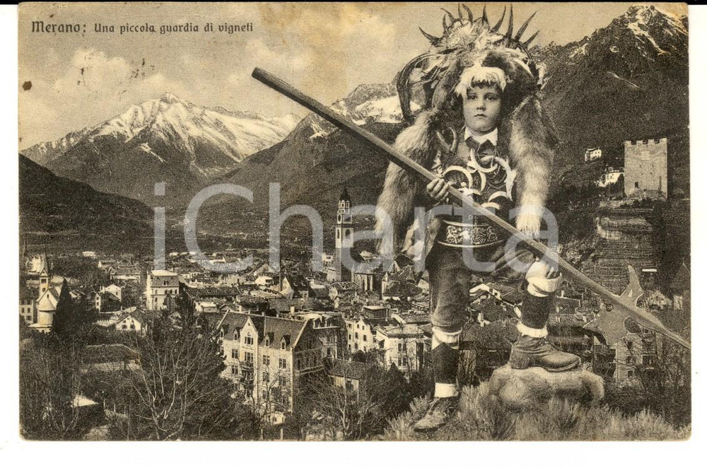 Cartolina originale da collezione 1930 ca MERANO BZ Panorama con piccola guardia ai vigneti Cartolina FP VG 1