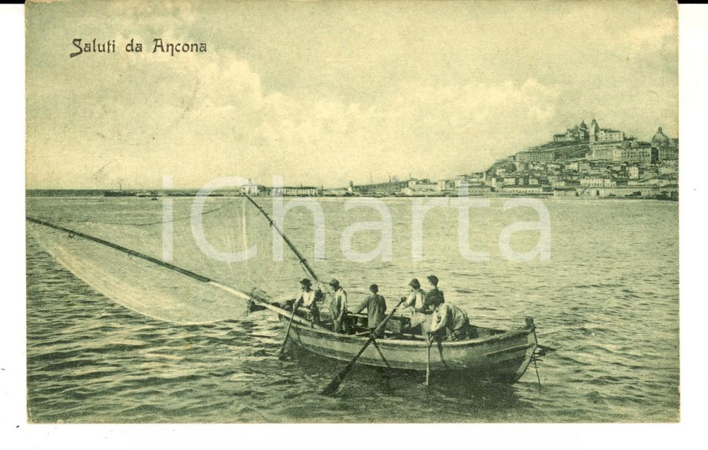 Cartolina originale da collezione 1920 ANCONA Pescatori al lavoro in mare Cartolina postale FP VG 1