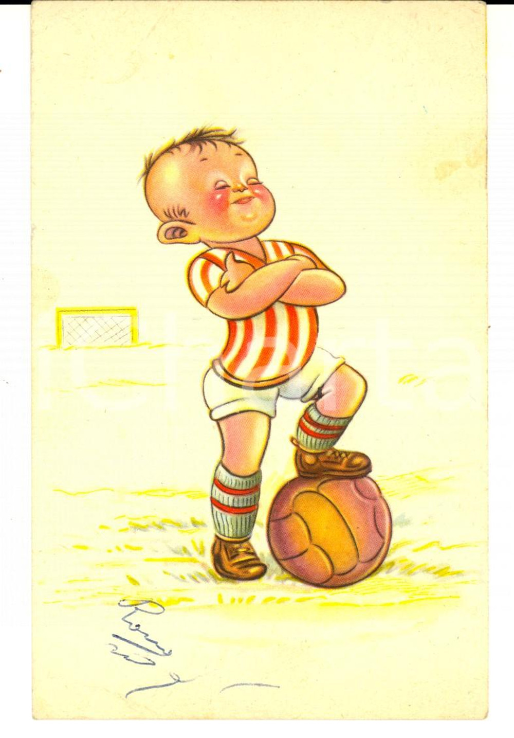 Cartolina originale da collezione 1950 ca BIMBI E SPORT Il piccolo calciatore in campo Cartolina ILLUSTRATA FP VG 1