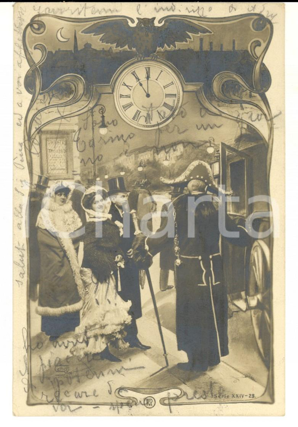 Cartolina originale da collezione 1904 INVERNO Spettatori in carrozza dopo il teatro Cartolina VINTAGE FP VG 1