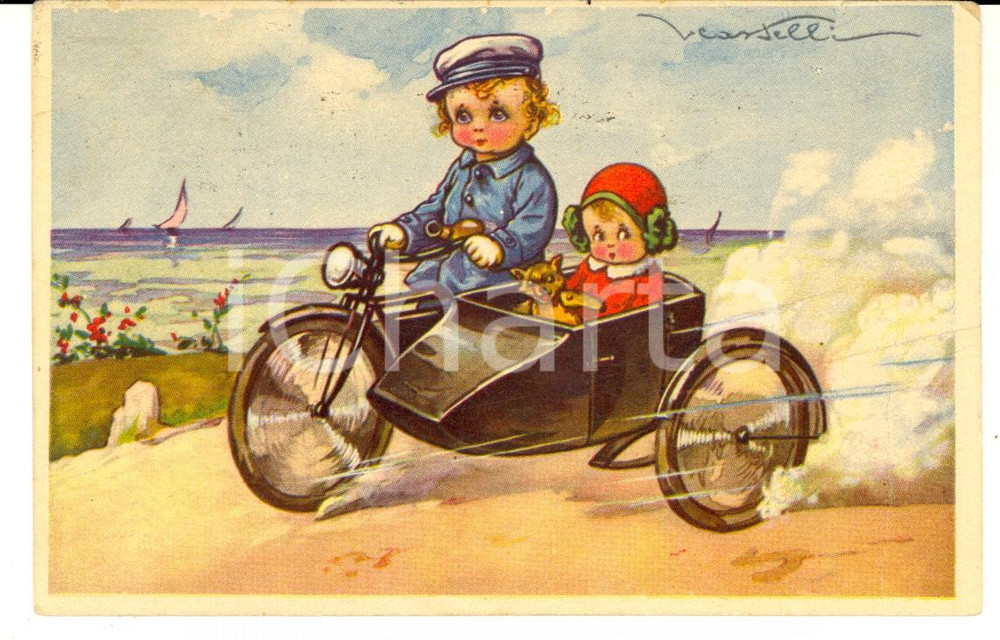 1934 BAMBINI Due piccoli e veloci viaggiatori *Cartolina ill. CASTELLI FP VG