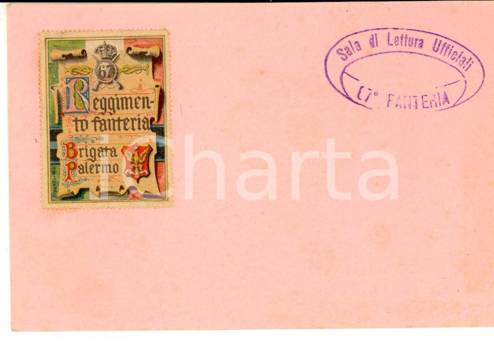 Cartolina originale da collezione 1900 ca 67Â° Reggimento Fanteria Brigata PALERMO  Cartolina timbro SALA LETTURA 1