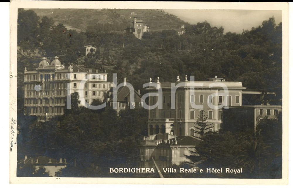 Cartolina originale da collezione 1929 BORDIGHERA IM Villa REALE e Hotel ROYAL Cartolina FP VG 1