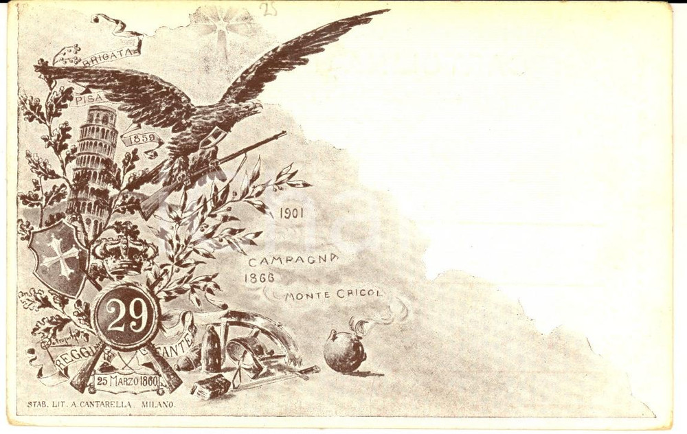 Cartolina originale da collezione 1900 ca BRIGATA PISA 29° Reggimento Fanteria Cartolina ILLUSTRATA 1