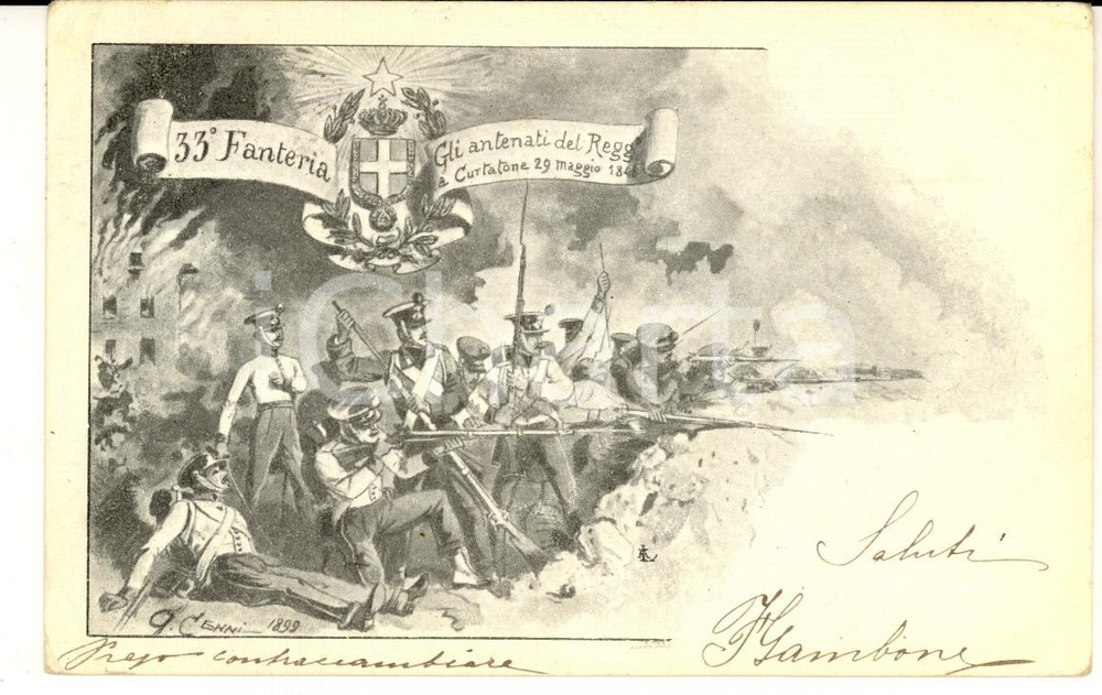 Cartolina originale da collezione 1900 ca 33Â° REGGIMENTO FANTERIA Cartolina illustrata G. CENNI  CURTATONE 1848 1