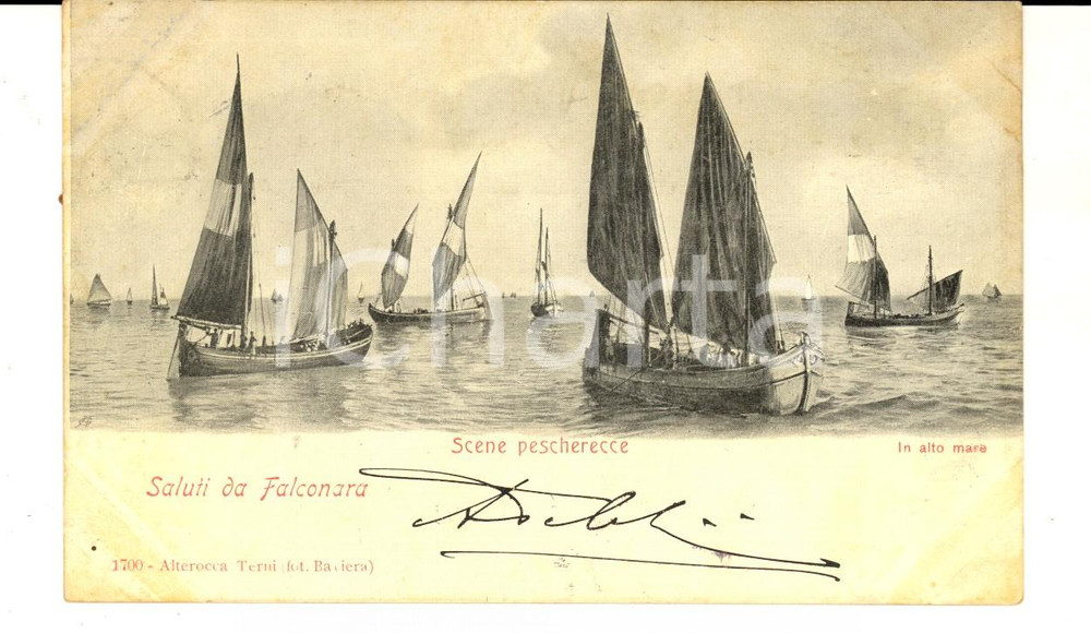 Cartolina originale da collezione 1900 ca FALCONARA MARITTIMA AN Scena con pescherecci Cartolina FP VG 1