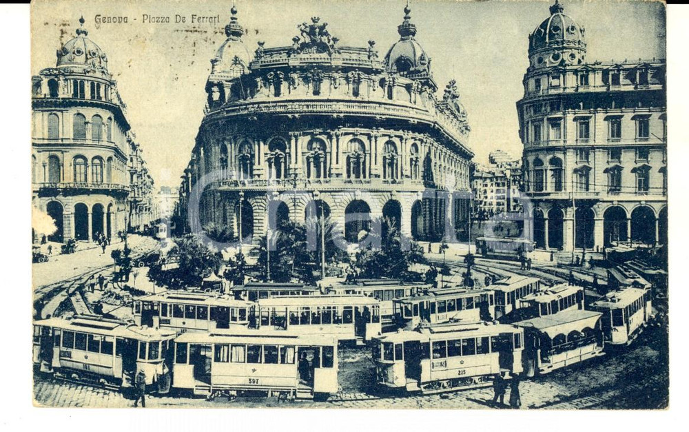 Cartolina originale da collezione 1925 GENOVA VECCHIA Piazza DE FERRARI Cartolina ANIMATA file di tram FP VG 1