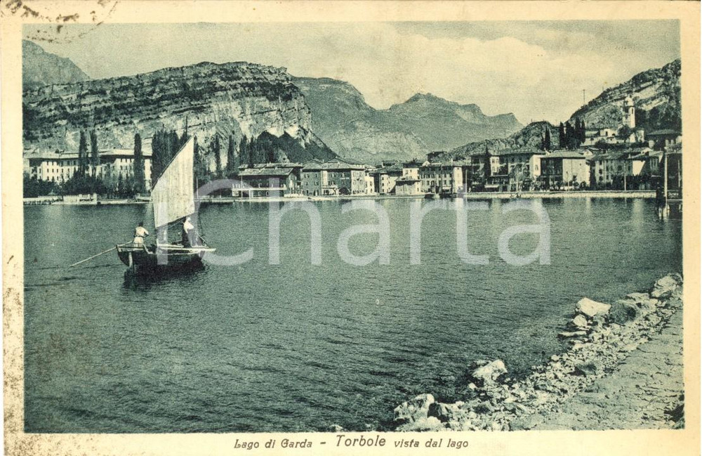 Cartolina originale da collezione 1948 TORBOLE TN Veduta dal LAGO DI GARDA Cartolina ANIMATA barca FP 1