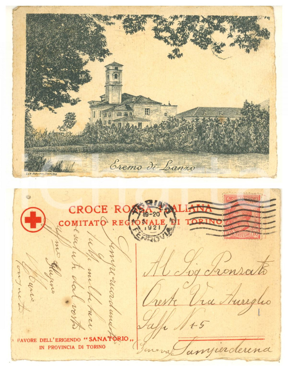 Cartolina originale da collezione 1921 LANZO TORINESE Veduta dell Eremo Cartolina CROCE ROSSA pro sanatorio 1