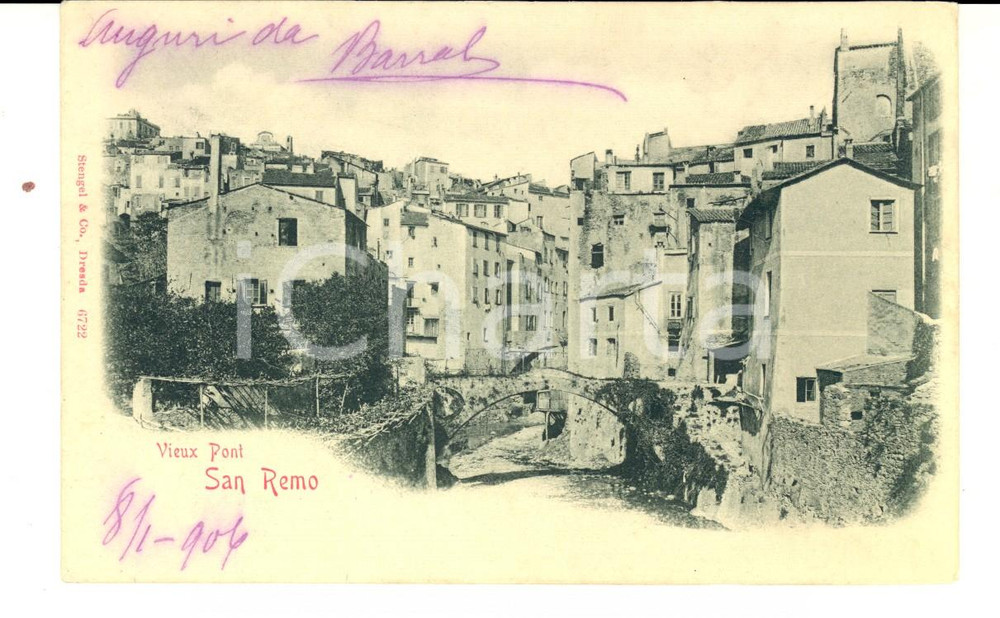 Cartolina originale da collezione 1906 SANREMO IM Veduta con un vecchio ponte Cartolina VINTAGE FP VG 1