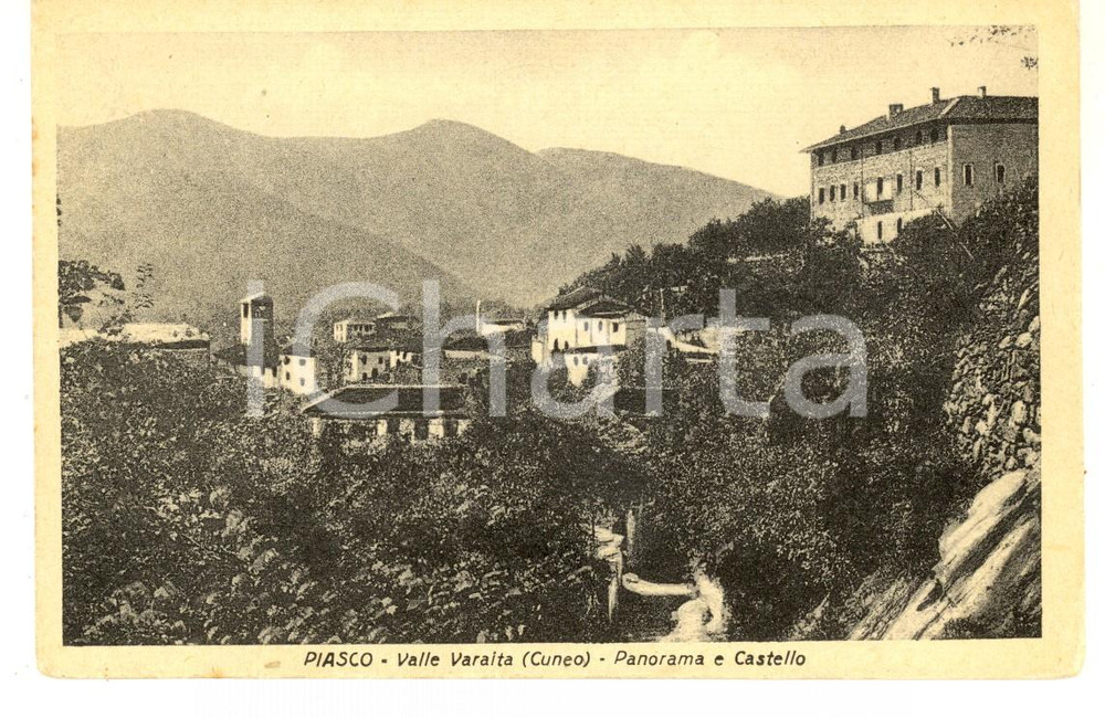 Cartolina originale da collezione 1930 ca PIASCO CN VALLE VARAITA  Panorama e castello Cartolina postale FP NV 1