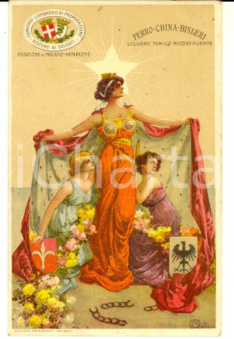 Cartolina originale da collezione 1915 ca WWI MILANO Cartolina FERROCHINA BISLERI Ristoro ai soldati ill. BALLERI 1