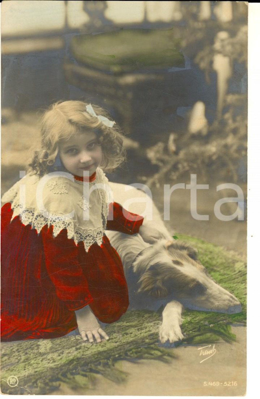 Cartolina originale da collezione 1910 ca INFANZIA Bambina accarezza il suo cane Cartolina colorata VINTAGE FP 1