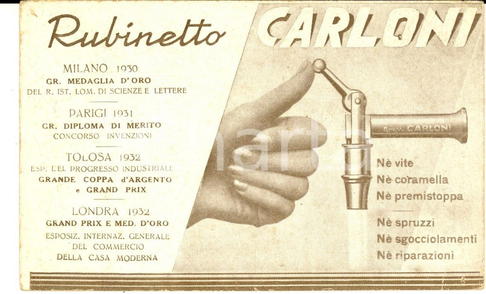 Cartolina originale da collezione 1935 ca MILANO Ditta CARLONI Rubinetto senza vite Cartolina pubblicitaria FP NV 1