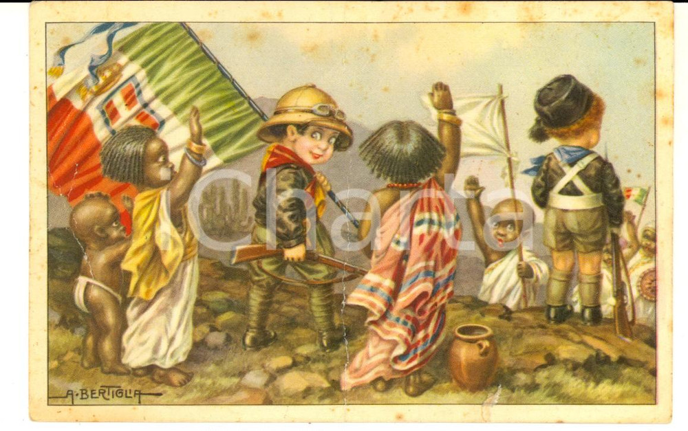 Cartolina originale da collezione 1930 ETIOPIA Balilla e piccoli indigeni Cartolina Aurelio BERTIGLIA DANNEGGIATA 1