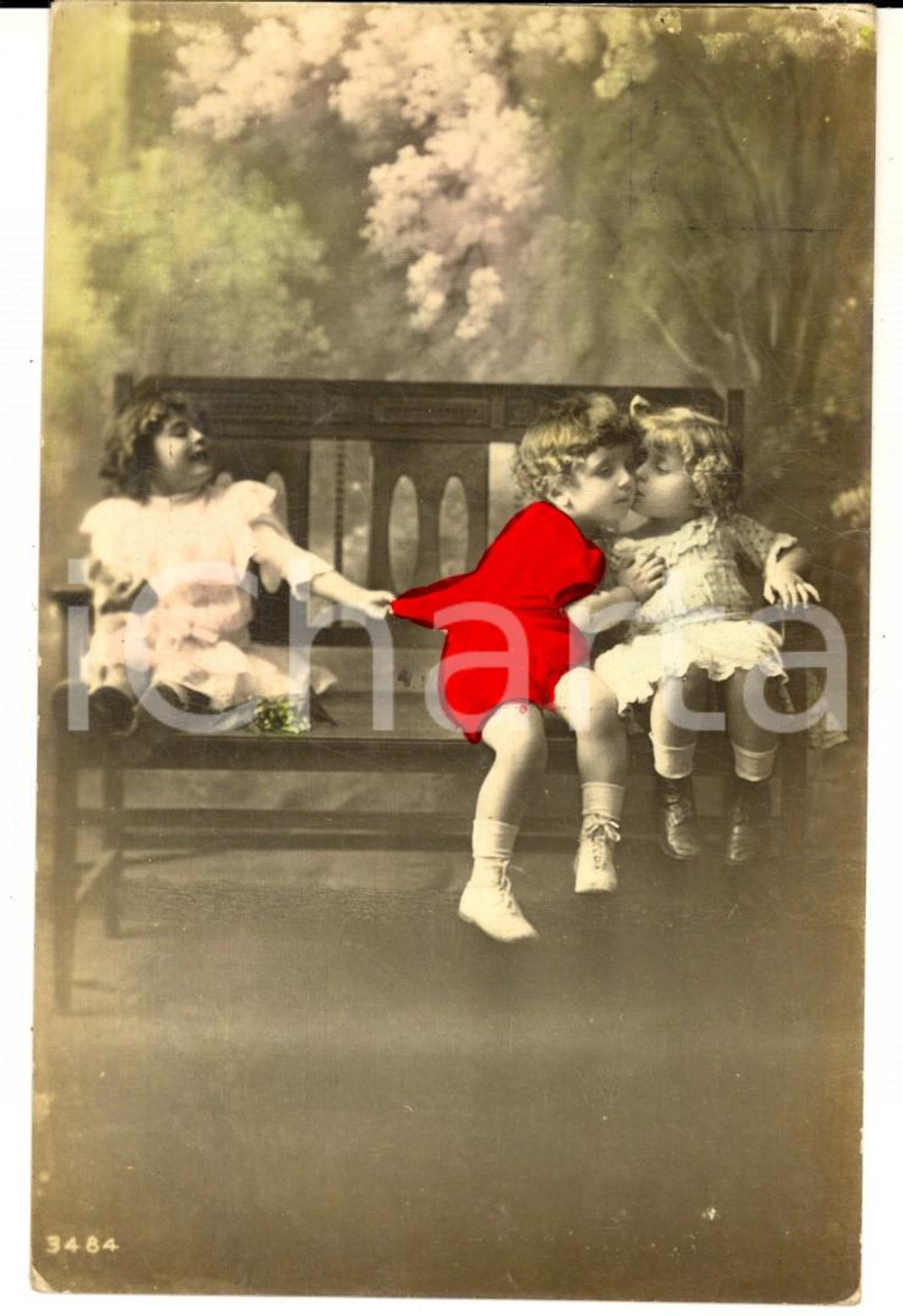 Cartolina originale da collezione 1918 BAMBINI Scenetta di gelosia sulla panchina Cartolina colorata VINTAGE FP 1