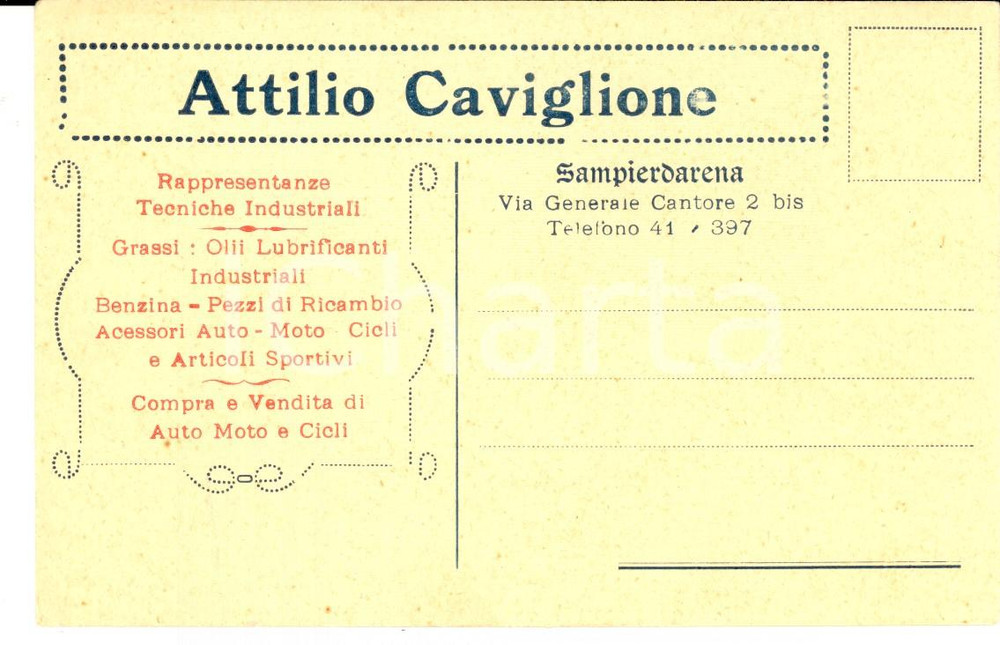 Cartolina originale da collezione 1900 ca GENOVA SAMPIERDARENA Attilio CAVIGLIONE rappresentante Cartolina 1