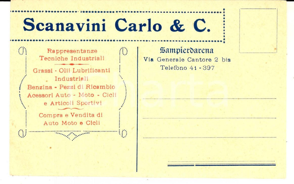 Cartolina originale da collezione 1900 ca GENOVA SAMPIERDARENA Carlo SACANAVINI rappresentante Cartolina 1