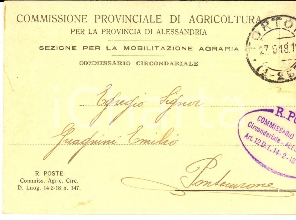 Cartolina originale da collezione 1918 ALESSANDRIA Commissione Provinciale Agricoltura  Mobilitazione Cartolina 1