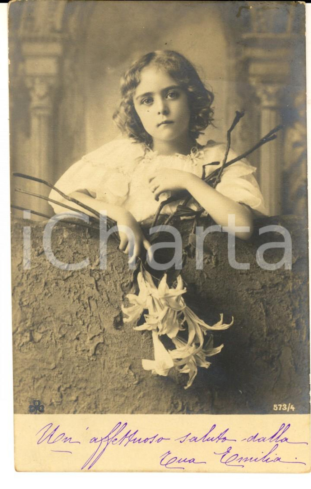 Cartolina originale da collezione 1902 INFANZIA Bambina con i gigli della purezza Cartolina VINTAGE FP VG 1