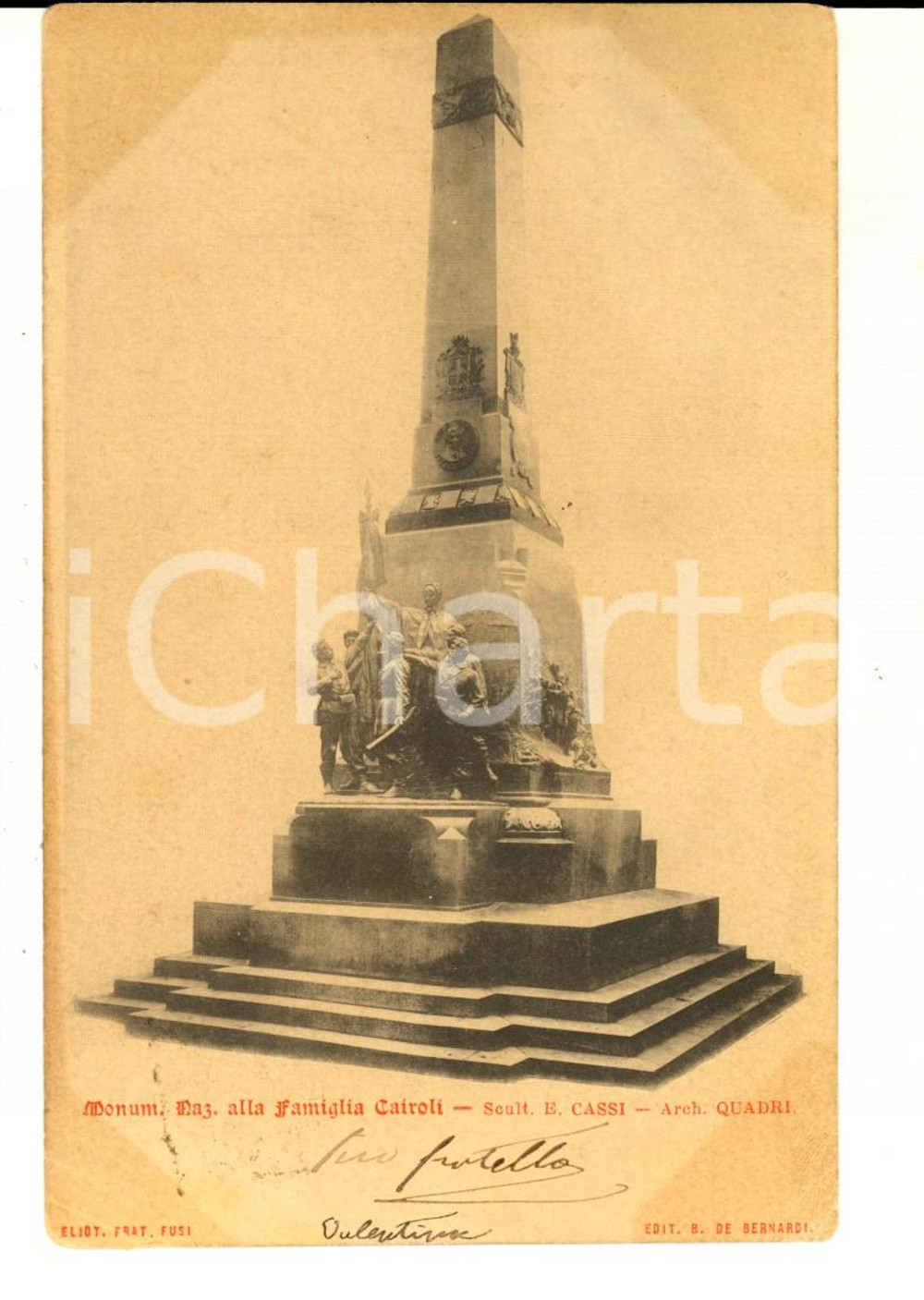 Cartolina originale da collezione 1900 ca PAVIA Monumento alla famiglia CAIROLI Cartolina ILLUSTRATA FP VG 1