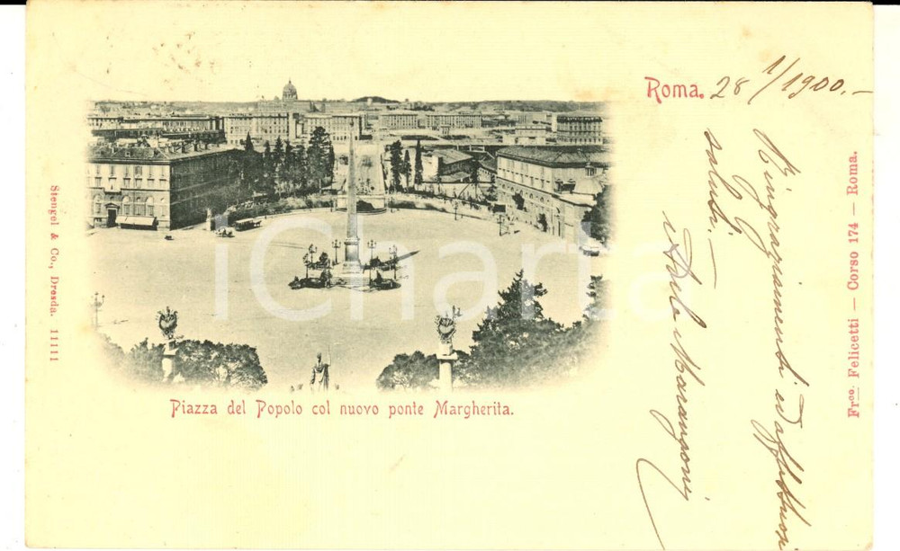 Cartolina originale da collezione 1900 ROMA Piazza del Popolo col nuovo ponte Margherita Cartolina postale FP VG 1